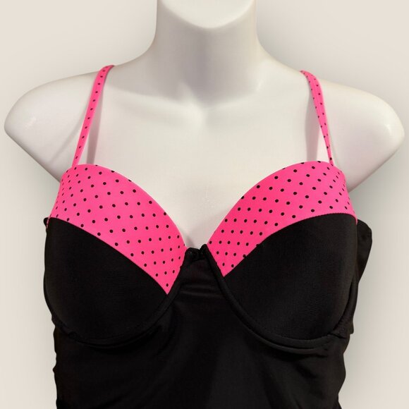 Joe Boxer Black and Pink Polka Dot Ruffle One Piece Swimsuit Size Large Swim - Picture 3 of 6